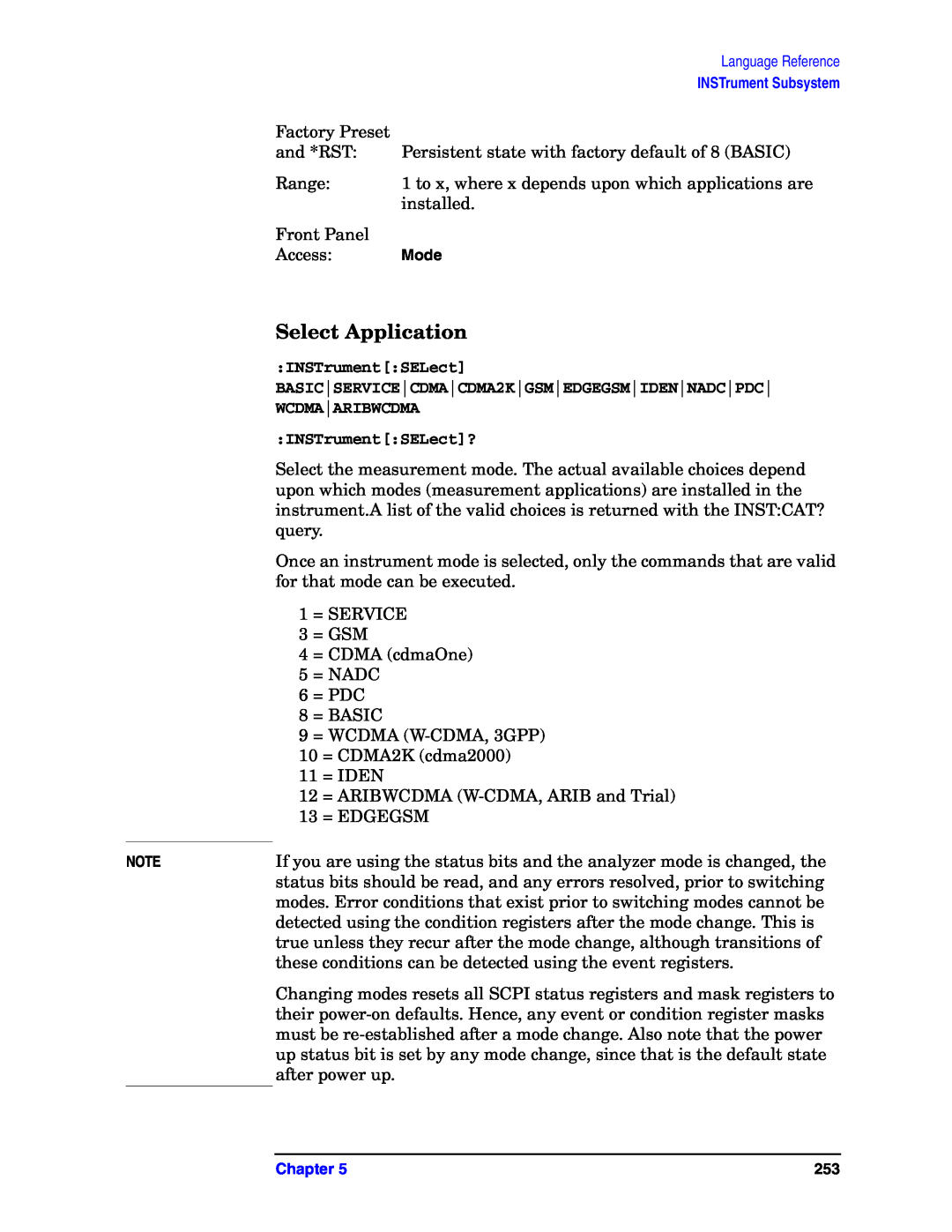 Agilent Technologies E4406A VSA manual Select Application, Wcdma|Aribwcdma, INSTrument:SELect? 