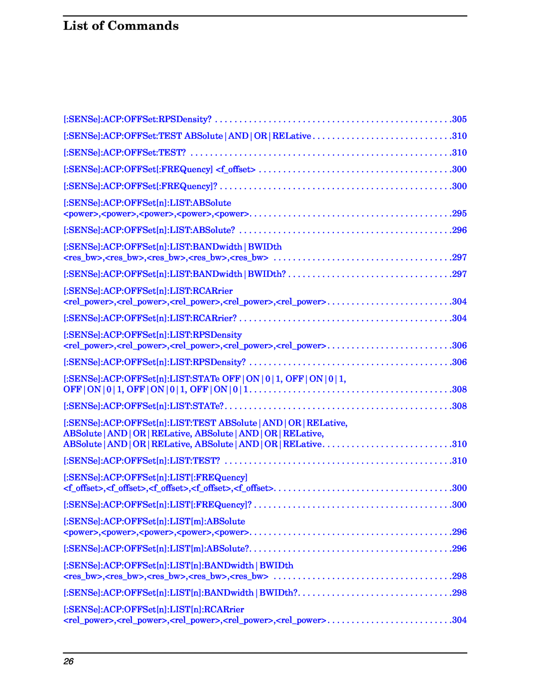Agilent Technologies E4406A VSA manual List of Commands, SENSe:ACP:OFFSetn:LIST:ABSolute 