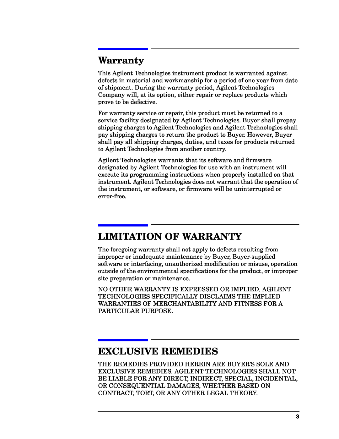 Agilent Technologies E4406A VSA manual Limitation Of Warranty, Exclusive Remedies 