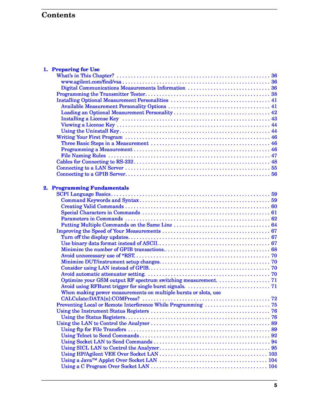 Agilent Technologies E4406A VSA manual Contents, Preparing for Use, Programming Fundamentals 