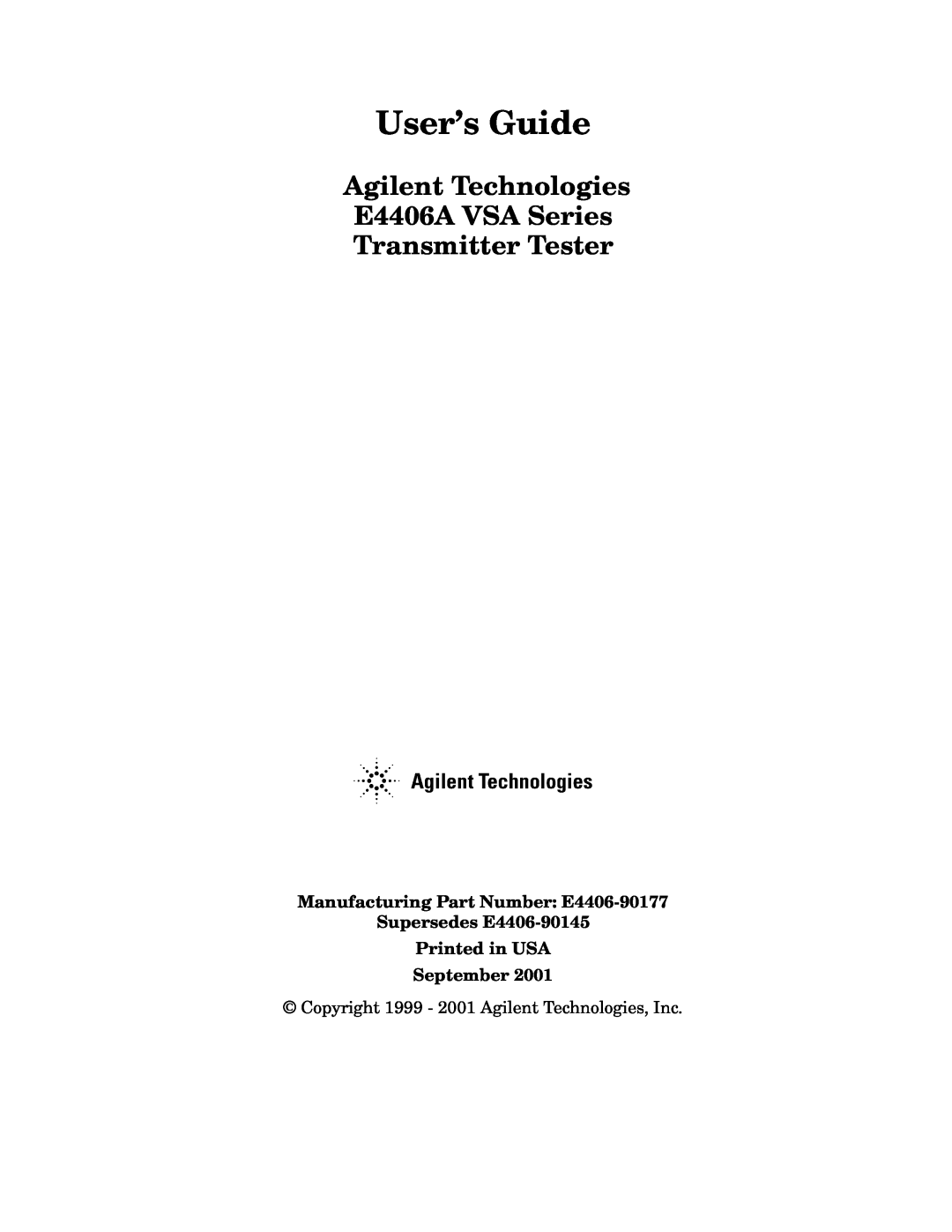Agilent Technologies manual User’s Guide, Agilent Technologies E4406A VSA Series, Transmitter Tester 