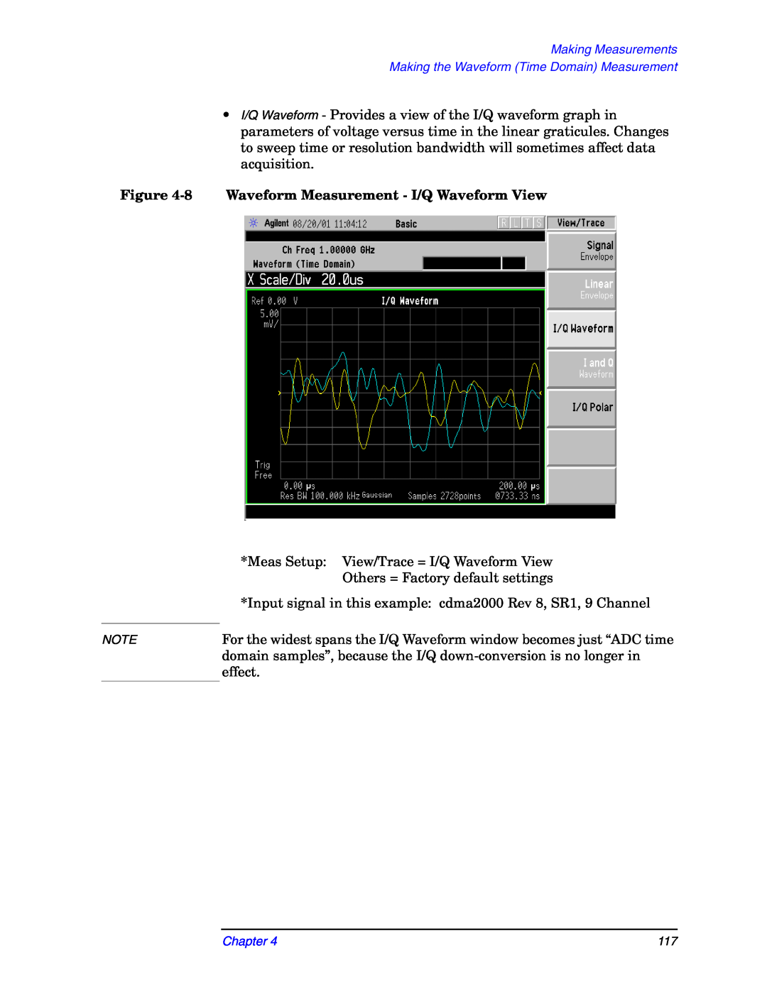 Agilent Technologies E4406A manual Meas Setup: View/Trace = I/Q Waveform View 