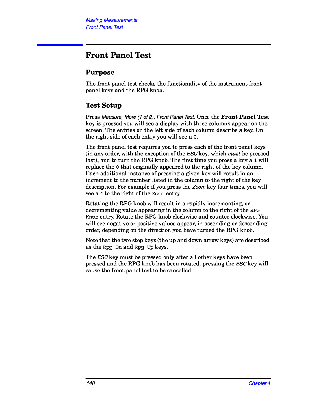 Agilent Technologies E4406A manual Front Panel Test, Purpose, Test Setup 