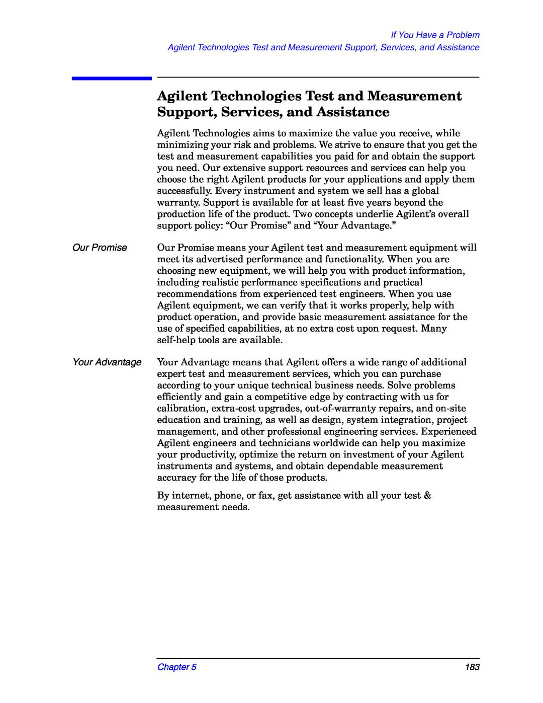Agilent Technologies E4406A manual Agilent Technologies Test and Measurement, Support, Services, and Assistance, Chapter 