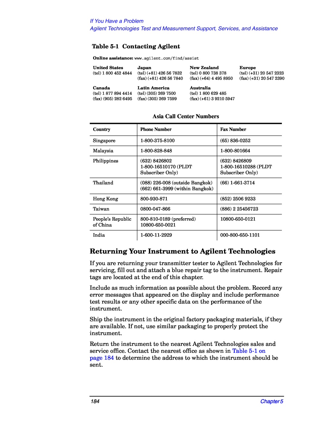 Agilent Technologies E4406A manual Returning Your Instrument to Agilent Technologies, 1Contacting Agilent 