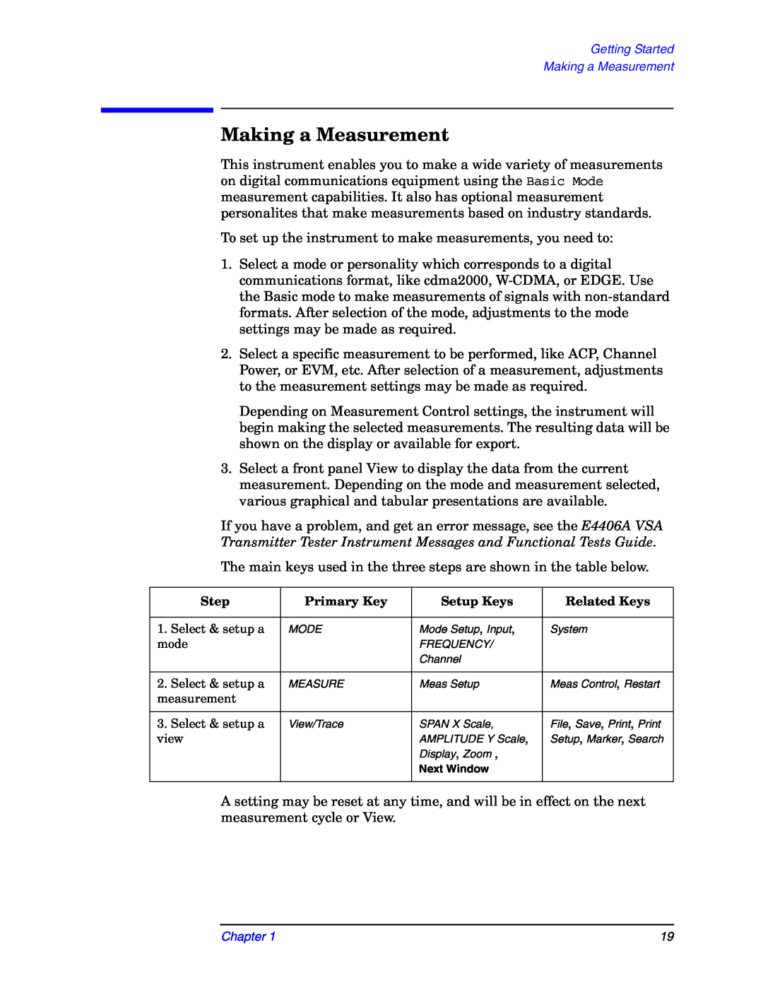 Agilent Technologies E4406A manual Making a Measurement, Step, Primary Key, Setup Keys, Related Keys 