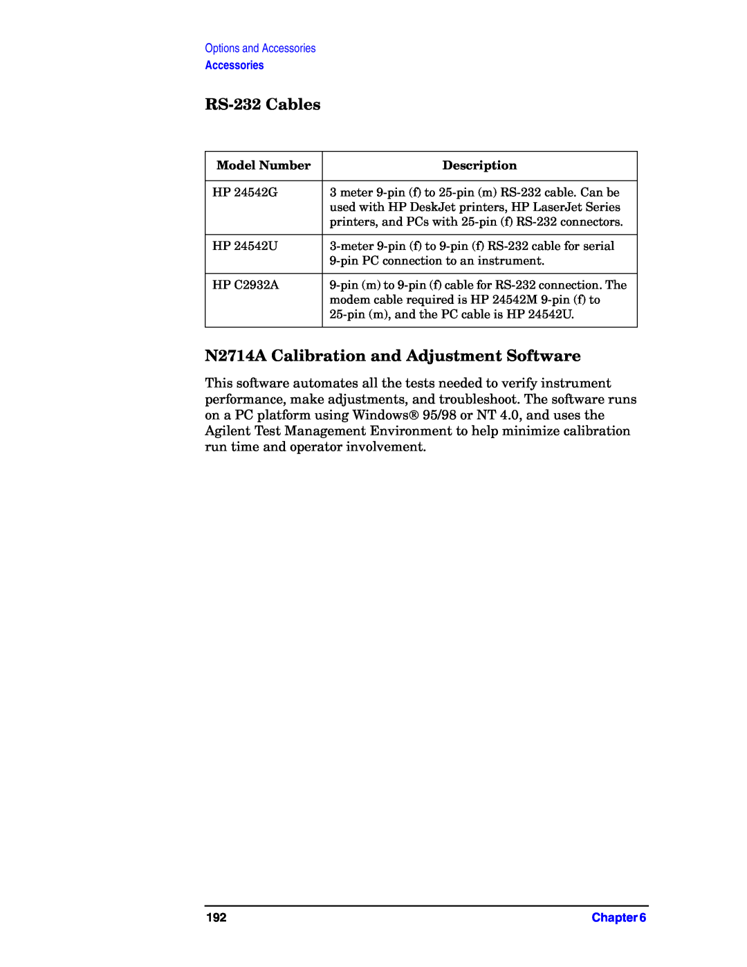 Agilent Technologies E4406A manual RS-232Cables, N2714A Calibration and Adjustment Software, Model Number, Description 