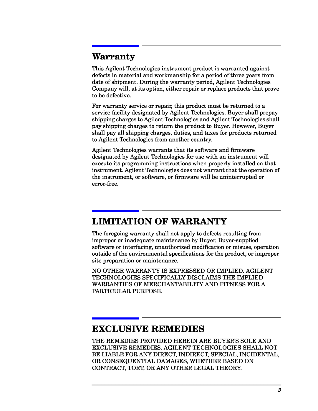Agilent Technologies E4406A manual Limitation Of Warranty, Exclusive Remedies 