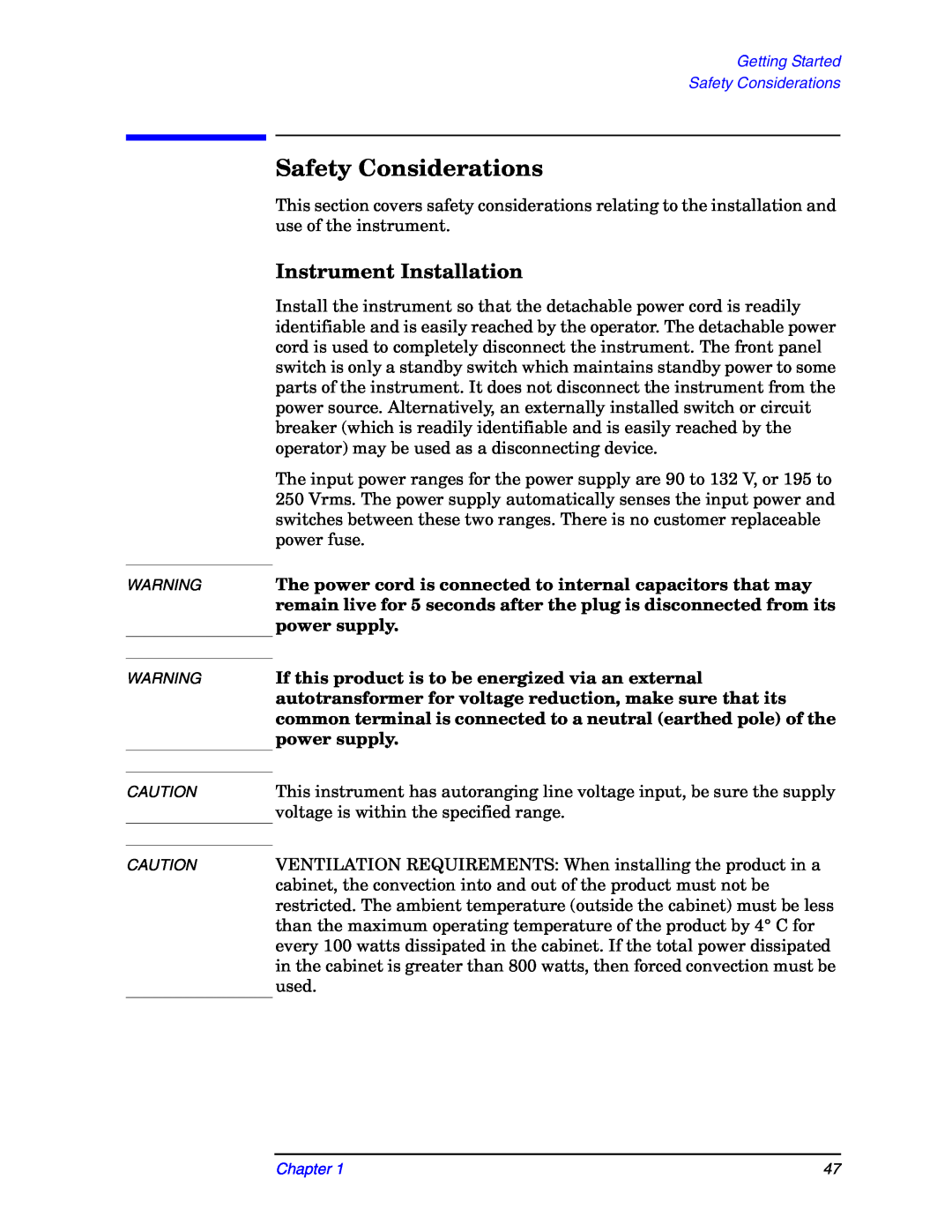 Agilent Technologies E4406A manual Safety Considerations, Instrument Installation 