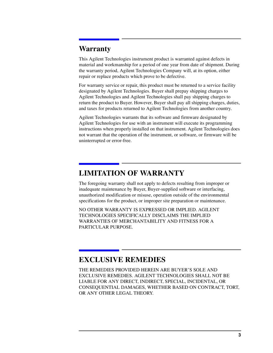 Agilent Technologies E4411B, E4408B, E4403B specifications Limitation of Warranty 