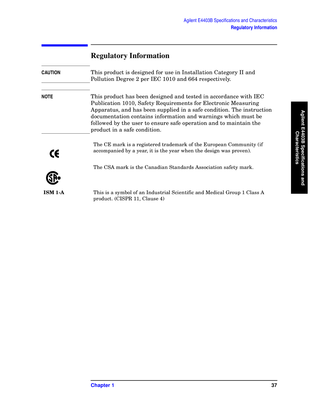 Agilent Technologies E4408B, E4411B, E4403B specifications Regulatory Information 