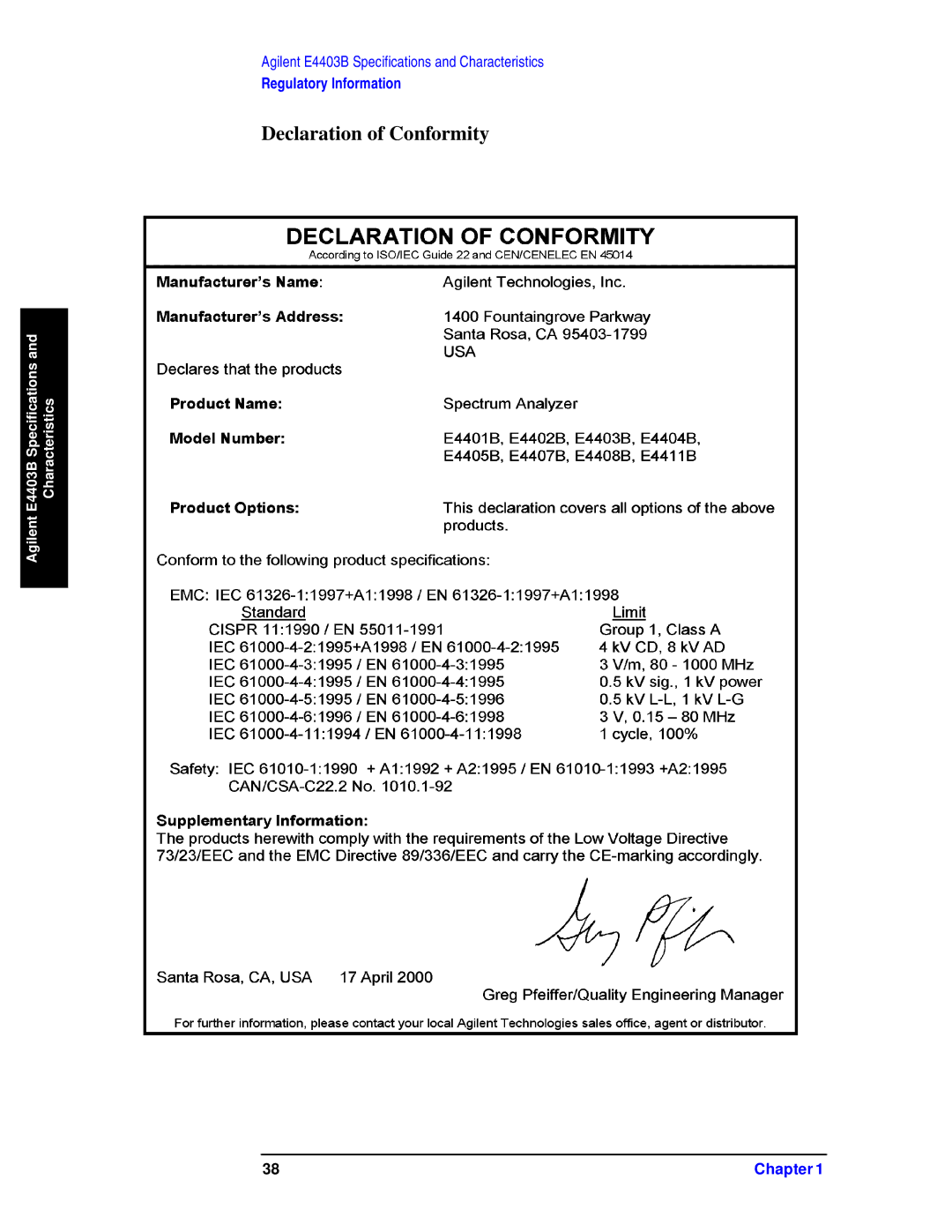 Agilent Technologies E4403B, E4411B, E4408B specifications Declaration of Conformity 