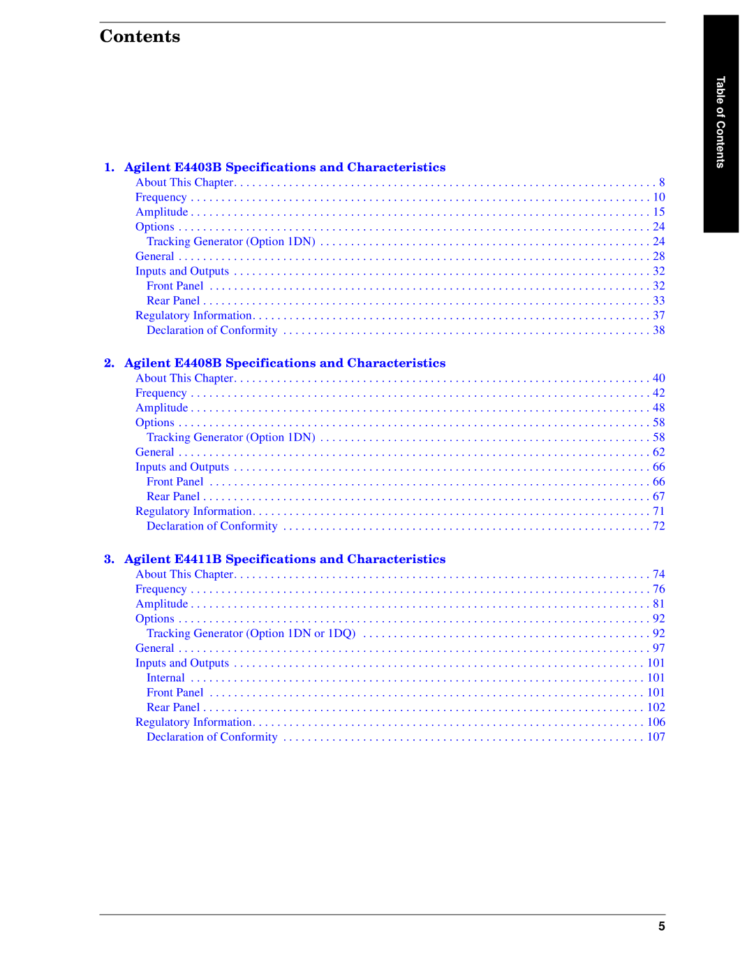 Agilent Technologies E4403B, E4411B, E4408B specifications Contents 