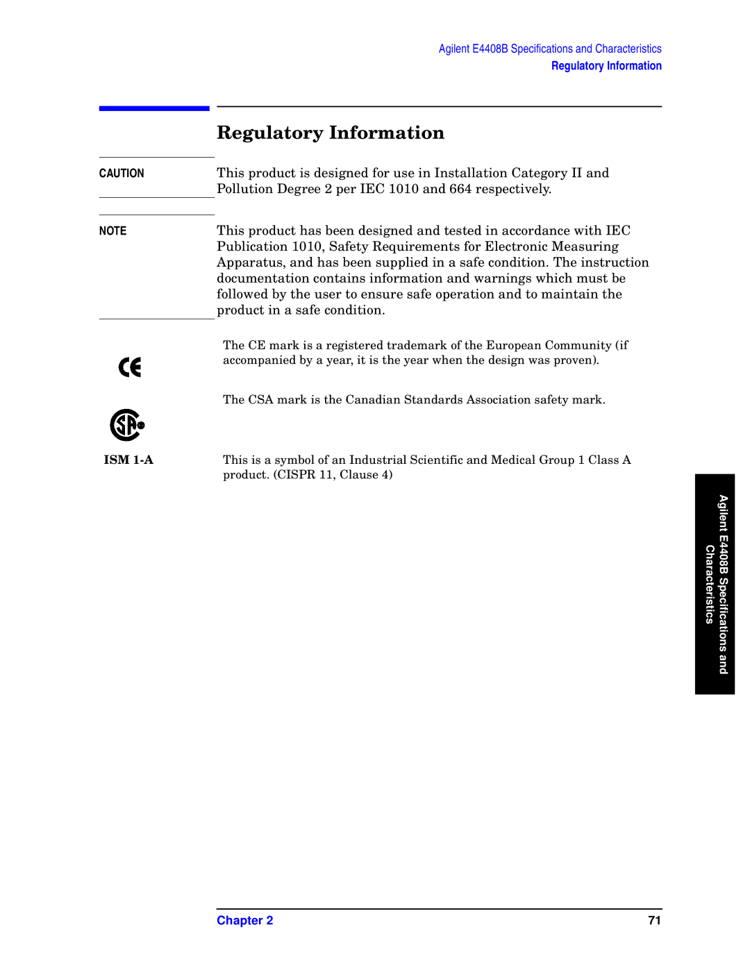 Agilent Technologies E4403B, E4411B, E4408B specifications Regulatory Information 