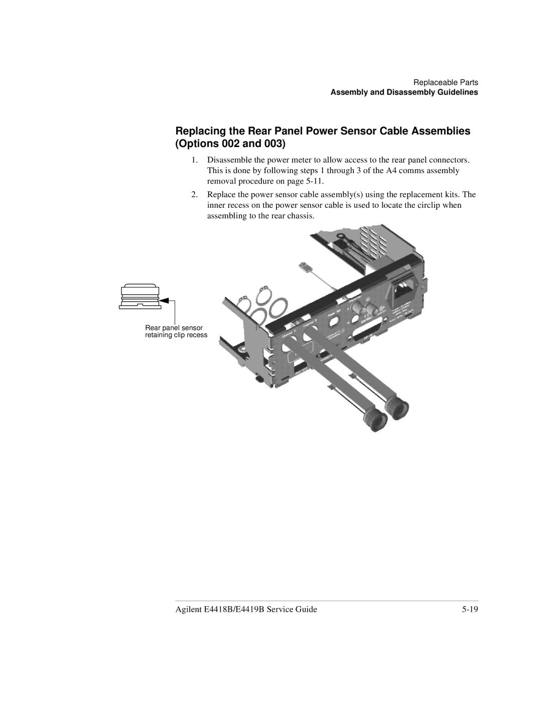 Agilent Technologies e4419b, e4418b manual Rear panel sensor retaining clip recess 