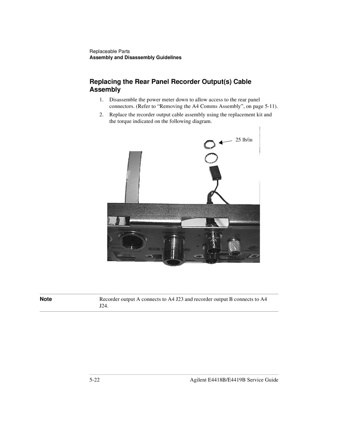Agilent Technologies e4418b, e4419b manual Replacing the Rear Panel Recorder Outputs Cable Assembly 