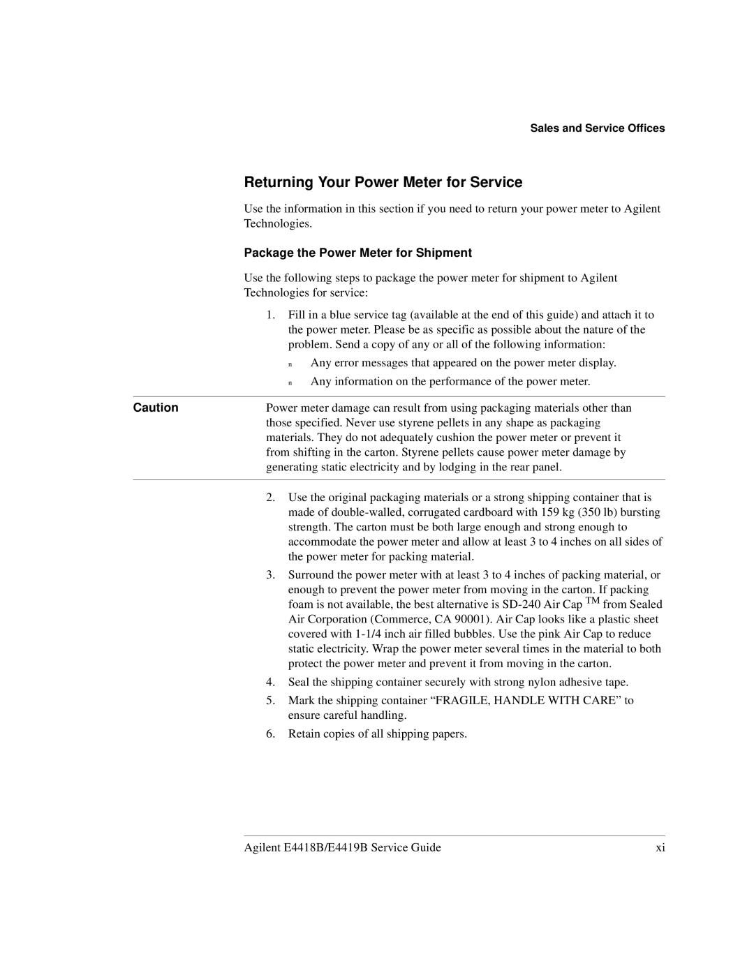 Agilent Technologies e4419b, e4418b manual Returning Your Power Meter for Service, Package the Power Meter for Shipment 