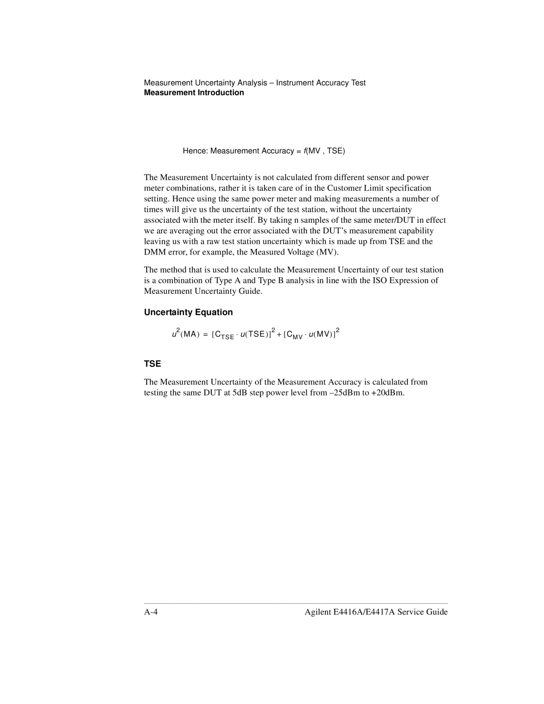 Agilent Technologies e4418b, e4419b manual Uncertainty Equation, Tse 