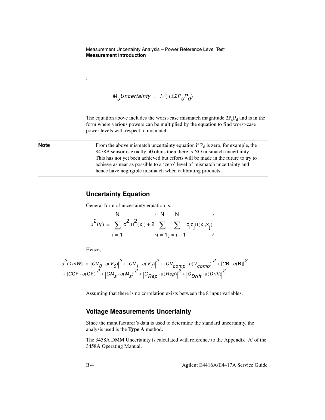 Agilent Technologies e4418b, e4419b manual Uncertainty Equation, MsUncertainty = 1 ⁄ 1±2PsPd 