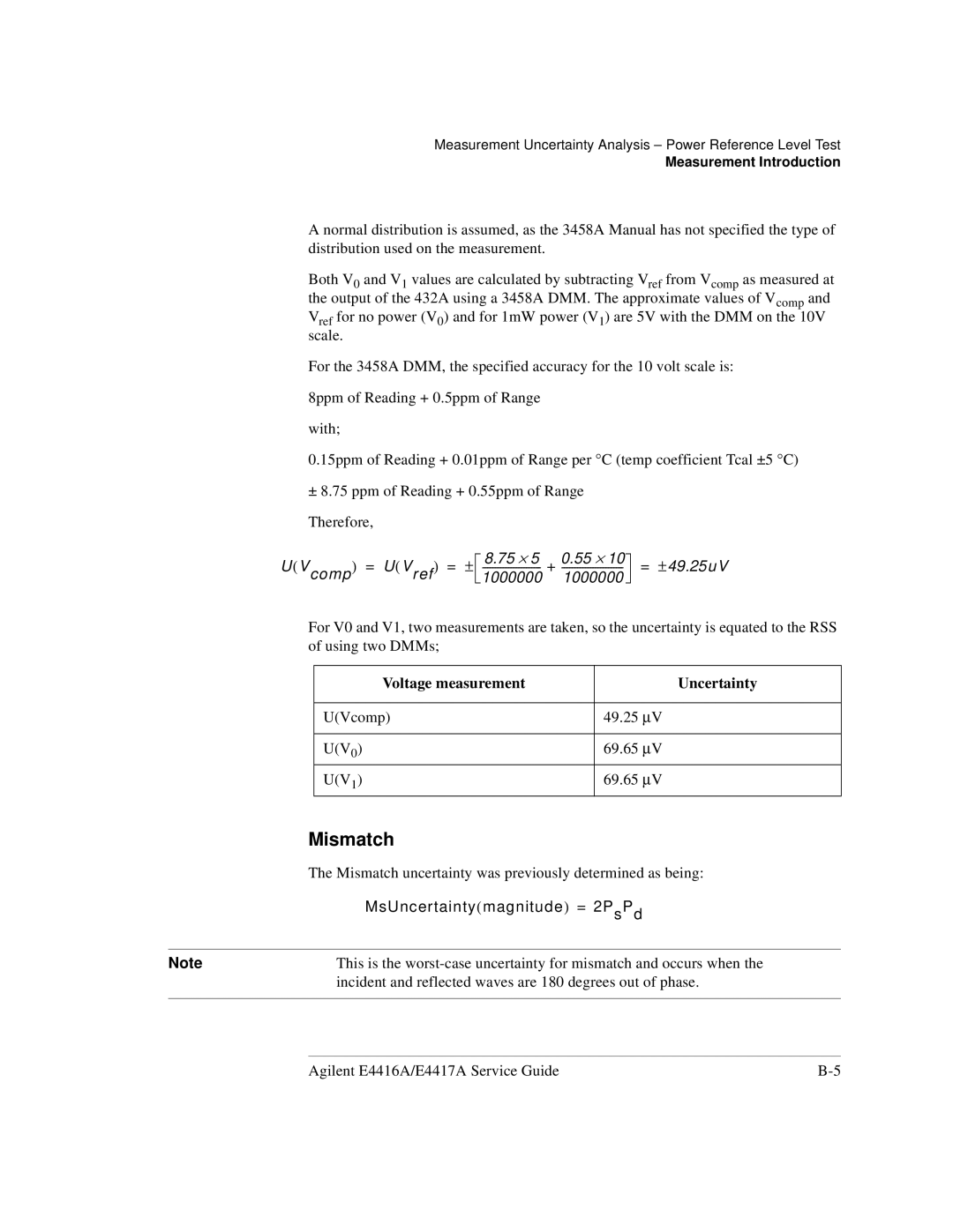 Agilent Technologies e4419b, e4418b manual Mismatch, Voltage measurement Uncertainty 