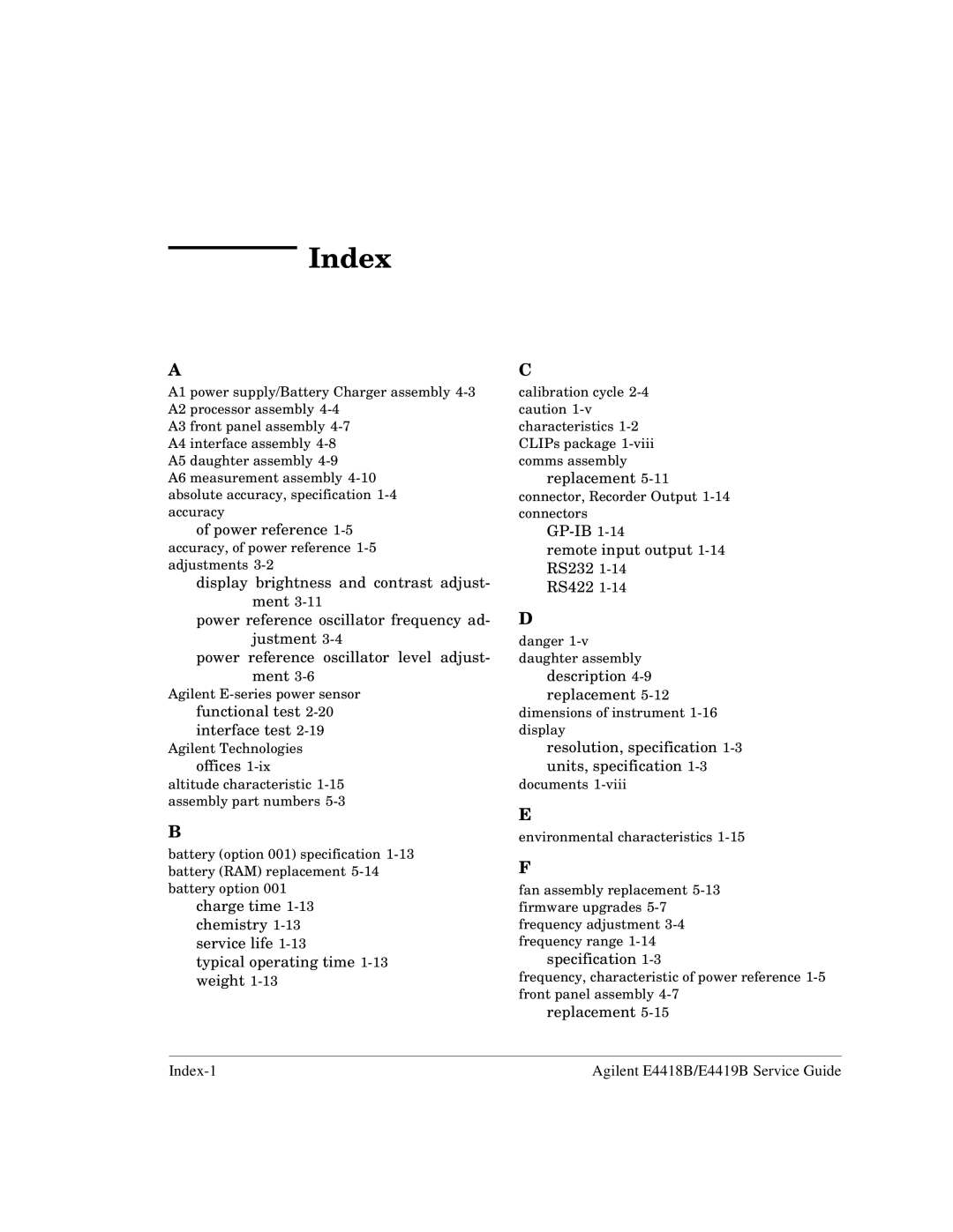 Agilent Technologies e4419b, e4418b manual Index 