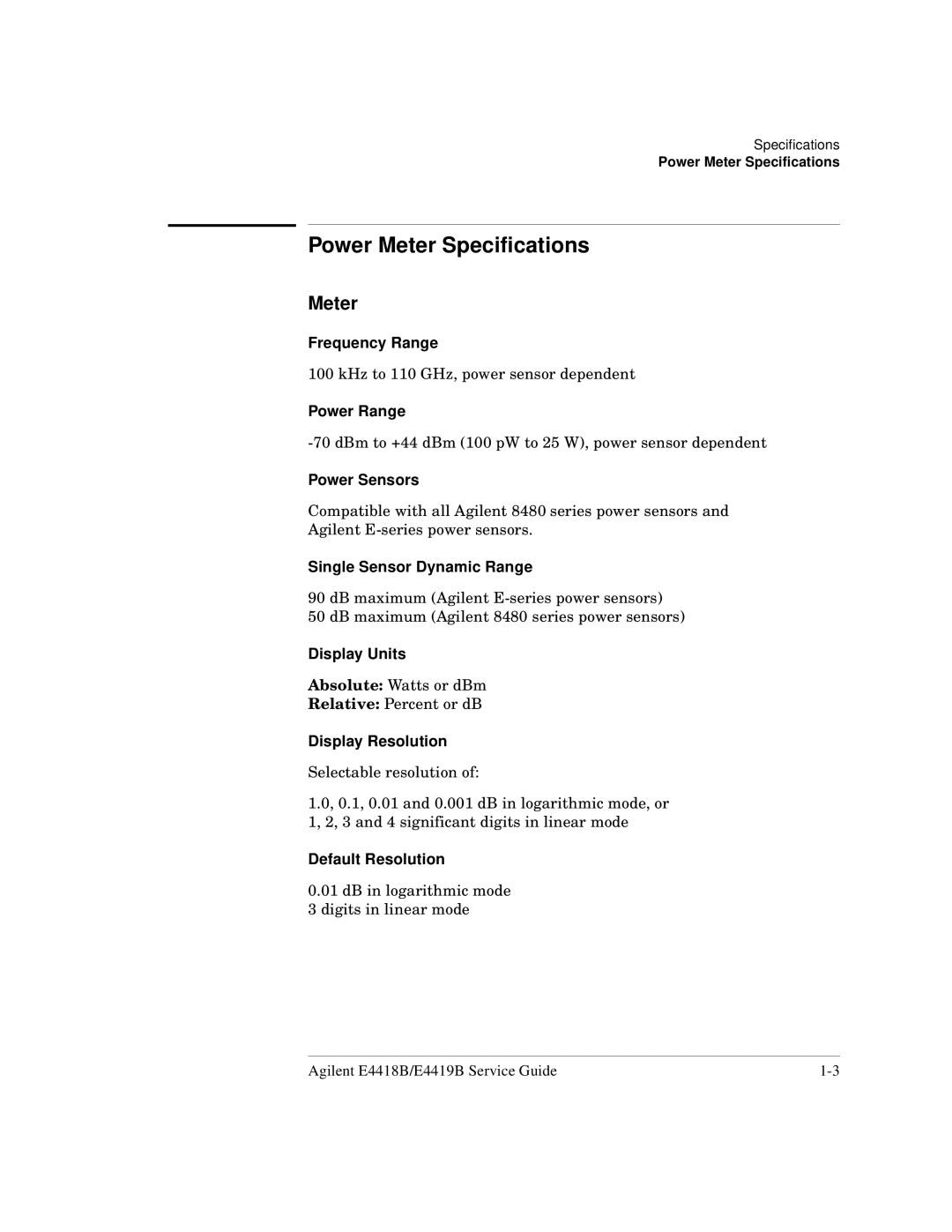 Agilent Technologies e4419b, e4418b manual Power Meter Specifications 