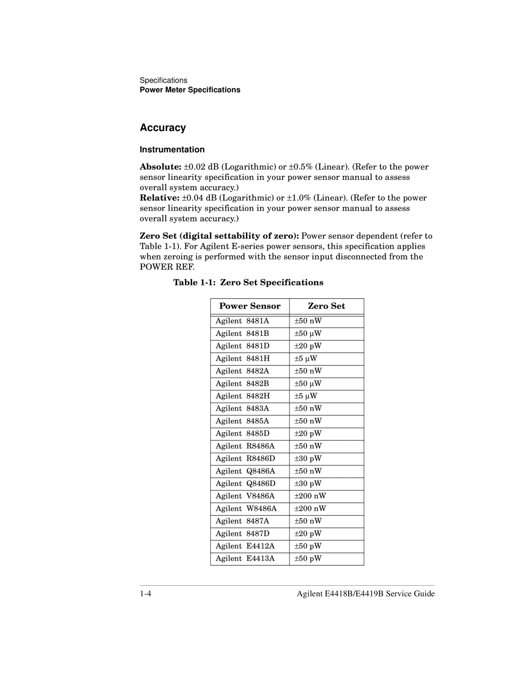 Agilent Technologies e4418b, e4419b manual Accuracy, Instrumentation, Zero Set Specifications Power Sensor 