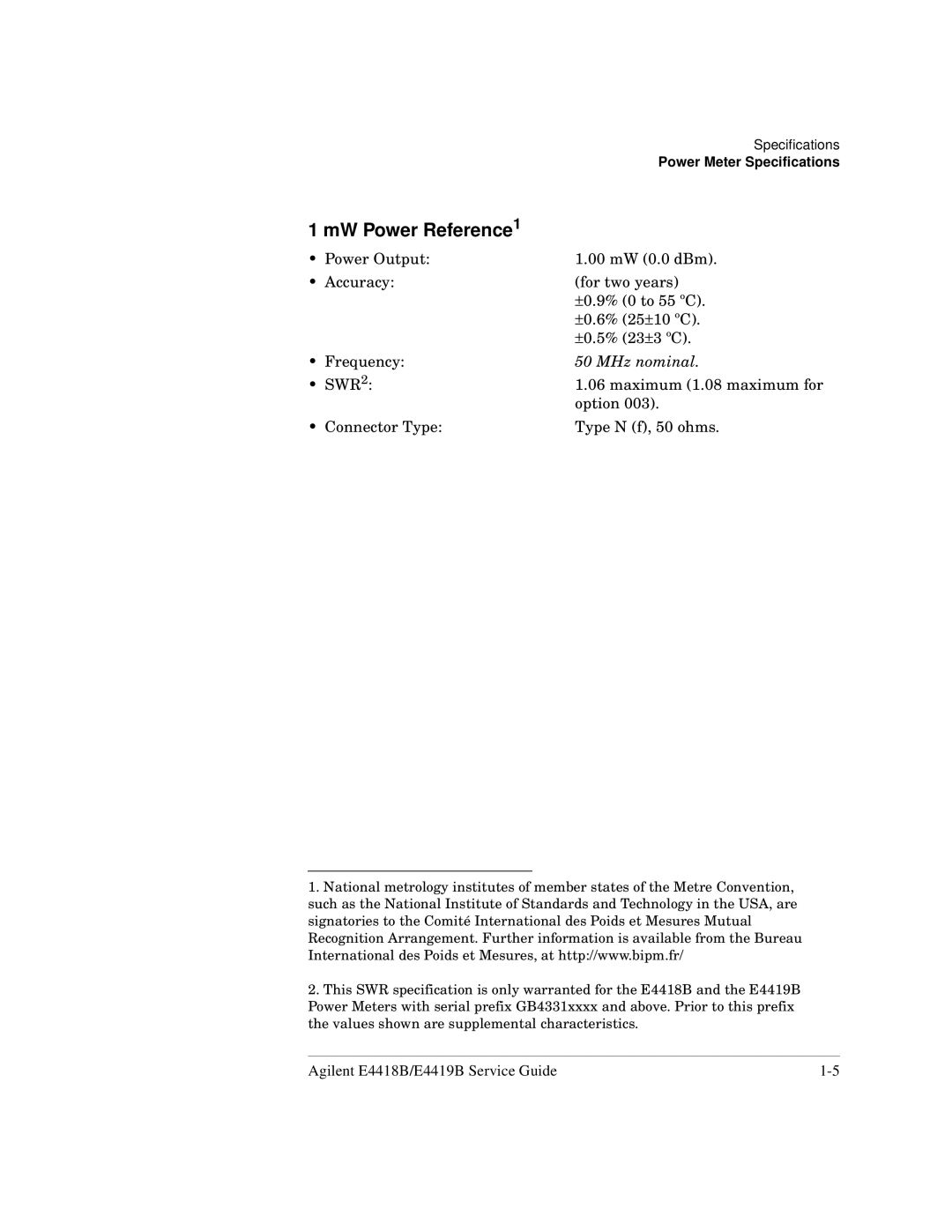 Agilent Technologies e4419b, e4418b manual MW Power Reference1, MHz nominal 