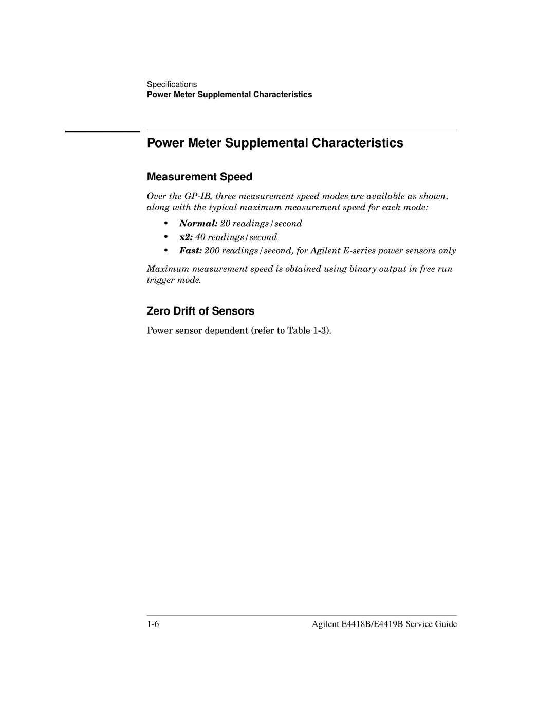 Agilent Technologies e4418b, e4419b Power Meter Supplemental Characteristics, Measurement Speed, Zero Drift of Sensors 