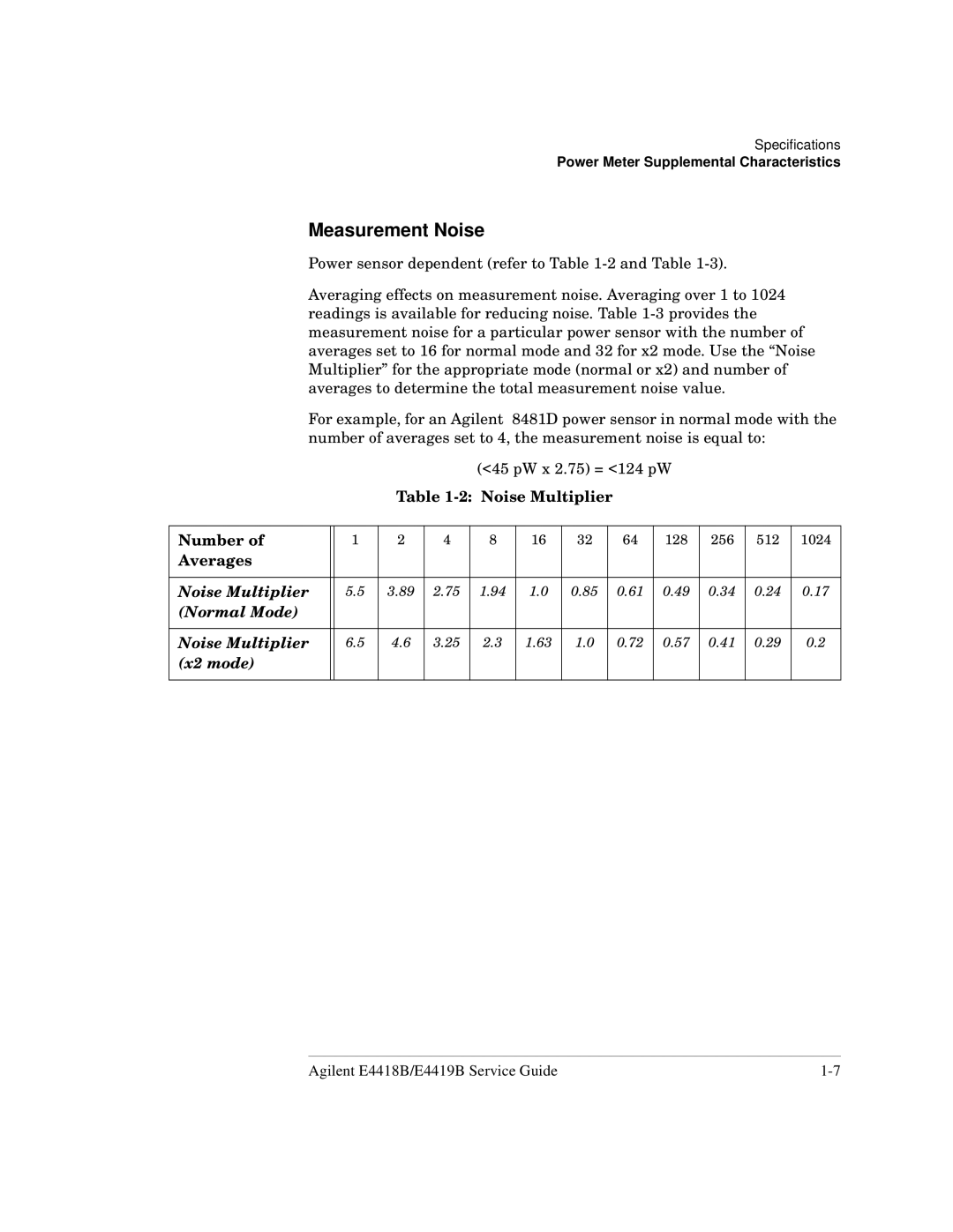 Agilent Technologies e4419b, e4418b manual Measurement Noise, Noise Multiplier Number, Averages 