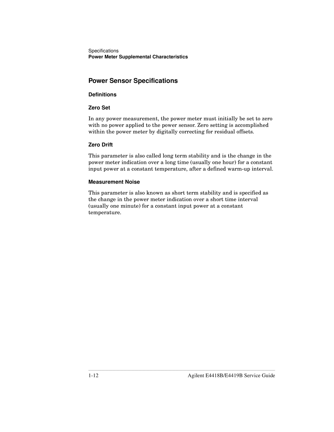 Agilent Technologies e4418b, e4419b manual Power Sensor Specifications, Definitions Zero Set, Zero Drift, Measurement Noise 