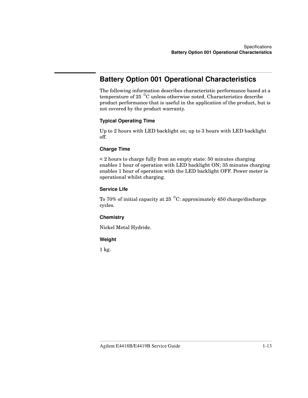 Agilent Technologies e4419b, e4418b manual Battery Option 001 Operational Characteristics 