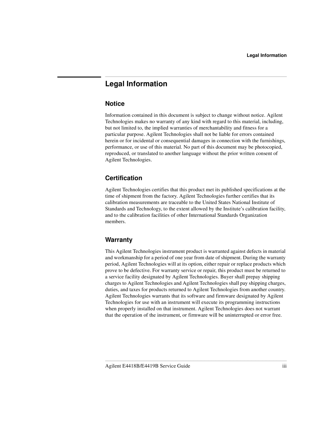 Agilent Technologies e4419b, e4418b manual Legal Information, Certification, Warranty 
