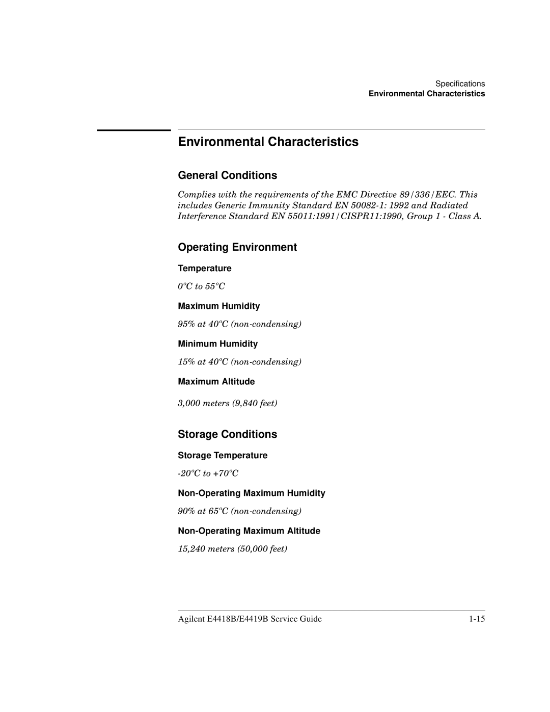 Agilent Technologies e4419b Environmental Characteristics, General Conditions, Operating Environment, Storage Conditions 