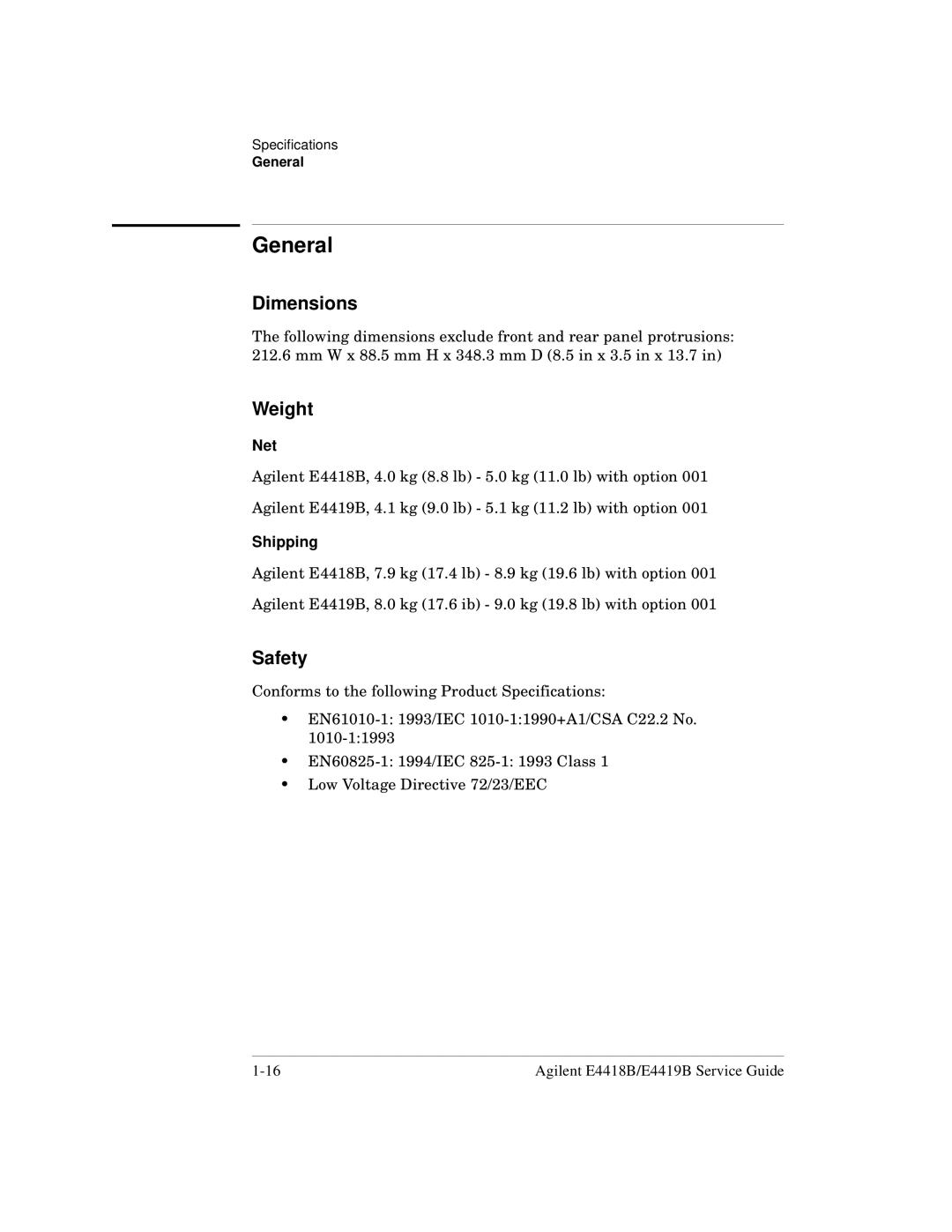 Agilent Technologies e4418b, e4419b manual General, Dimensions, Weight, Safety 