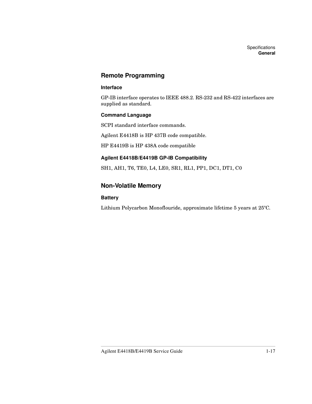 Agilent Technologies e4419b, e4418b manual Remote Programming, Non-Volatile Memory 