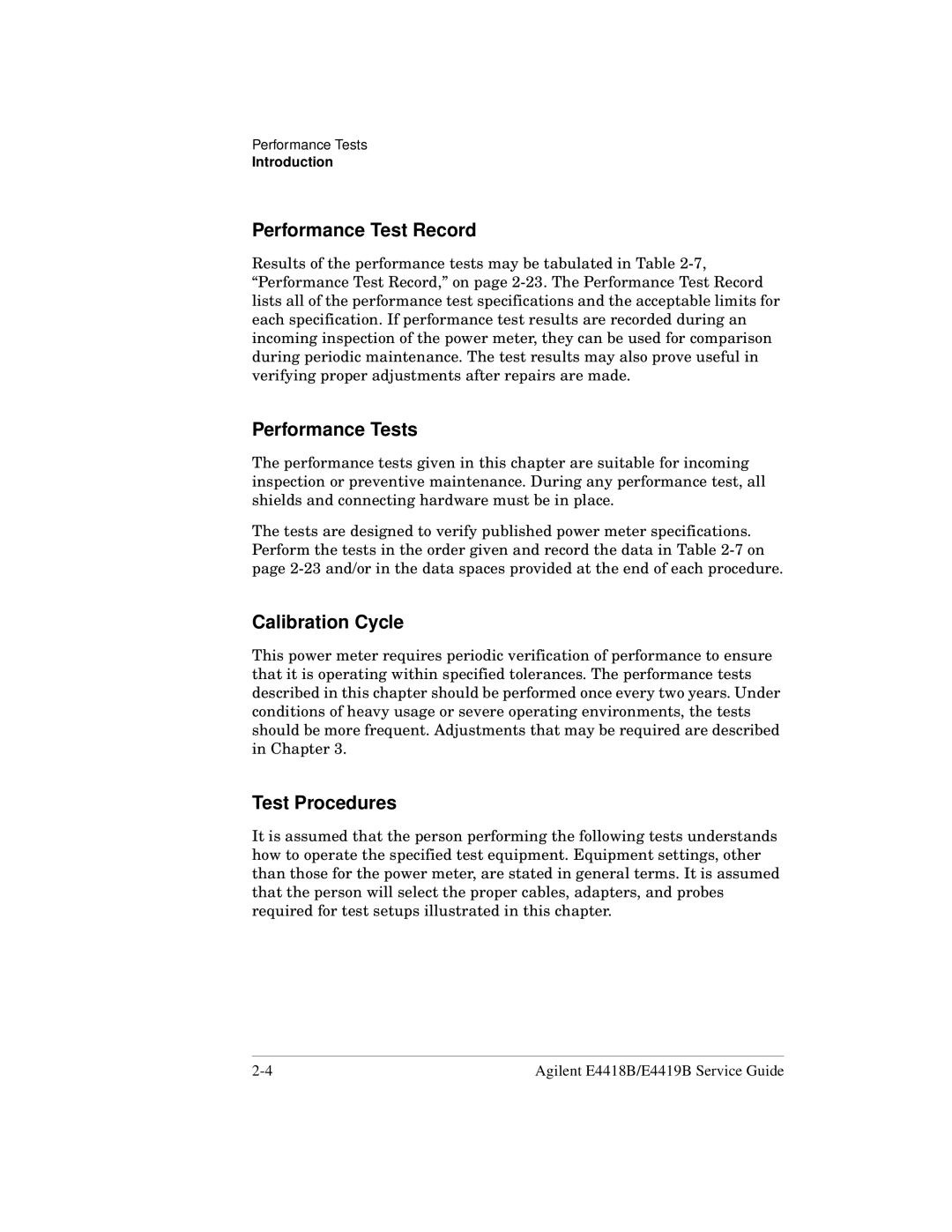 Agilent Technologies e4418b, e4419b manual Performance Test Record, Performance Tests, Calibration Cycle, Test Procedures 