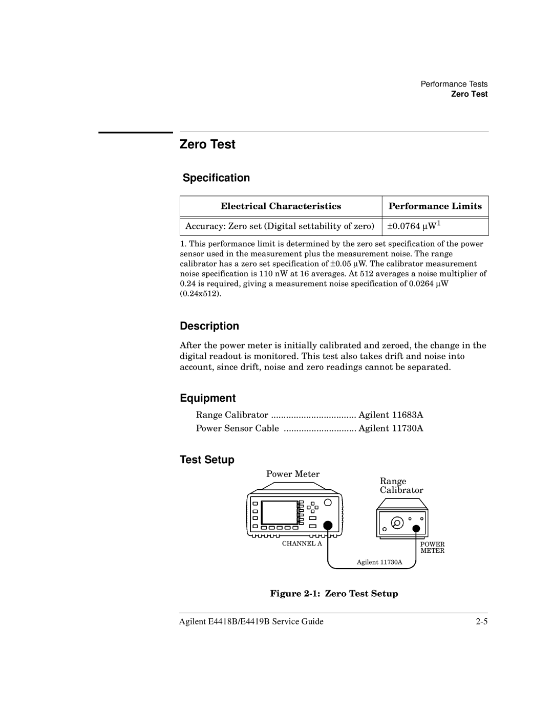 Agilent Technologies e4419b, e4418b manual Zero Test, Specification, Description, Equipment, Test Setup 