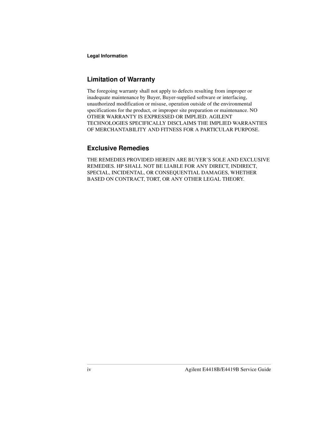 Agilent Technologies e4418b, e4419b manual Limitation of Warranty, Exclusive Remedies 