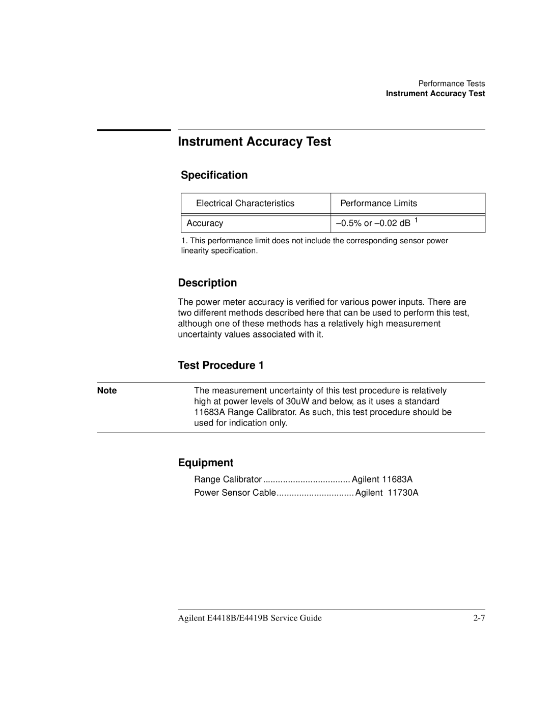 Agilent Technologies e4419b, e4418b manual Instrument Accuracy Test, Test Procedure 