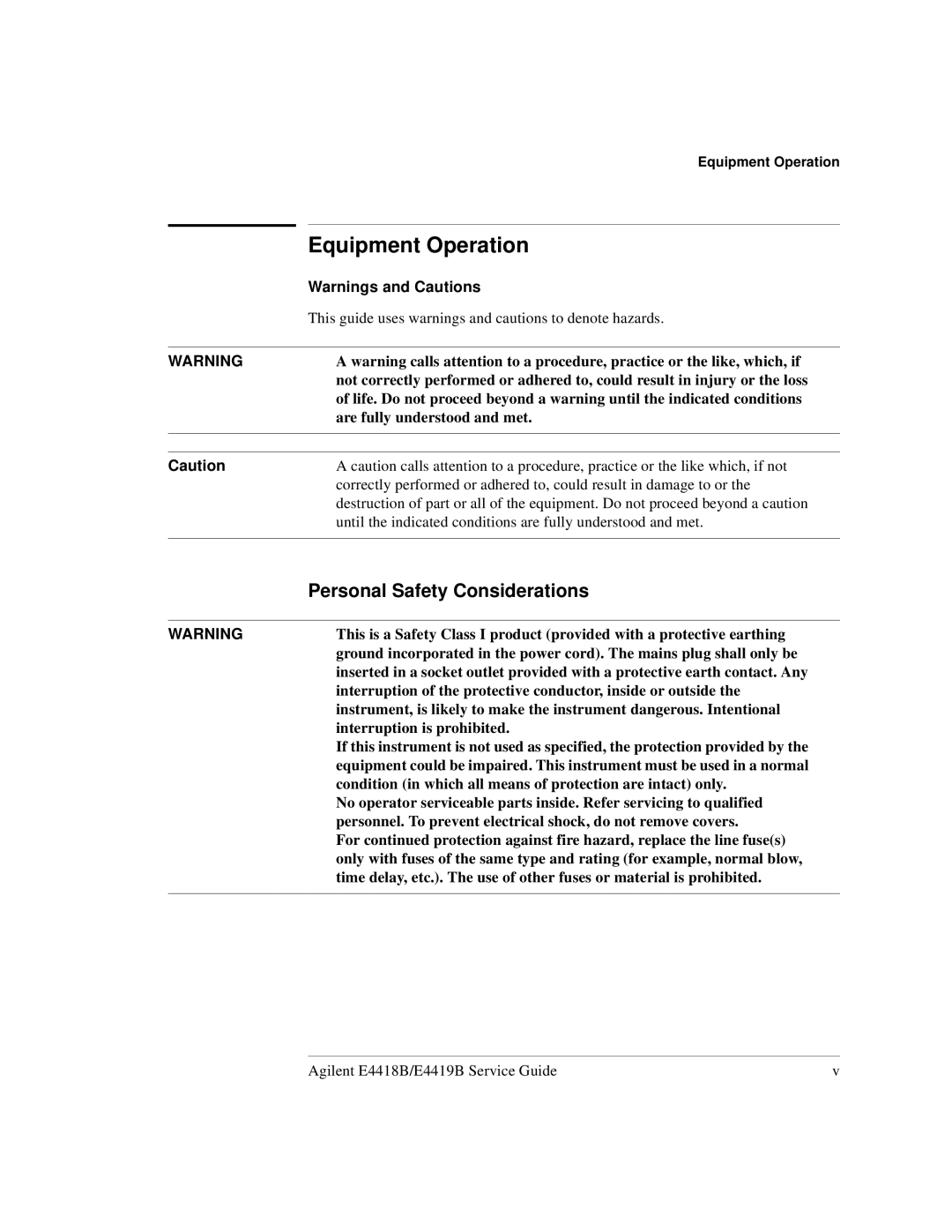 Agilent Technologies e4419b, e4418b manual Equipment Operation, Personal Safety Considerations 