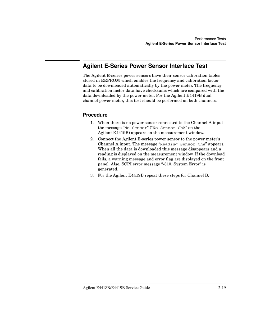 Agilent Technologies e4419b, e4418b manual Agilent E-Series Power Sensor Interface Test 