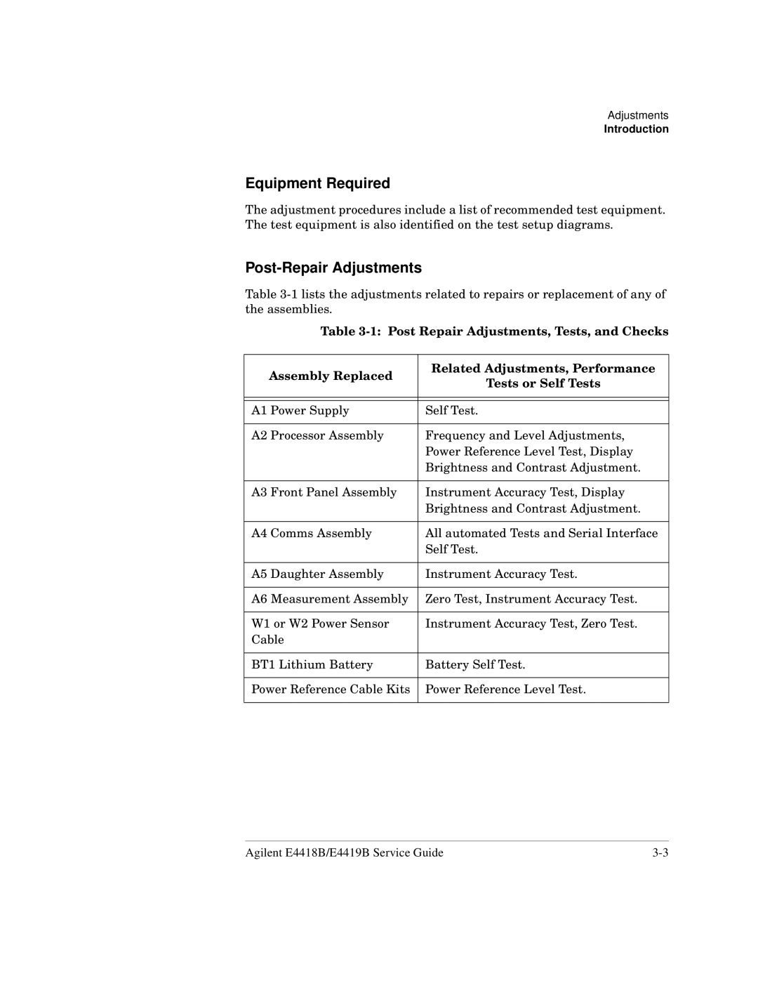 Agilent Technologies e4419b, e4418b manual Equipment Required, Post-Repair Adjustments 