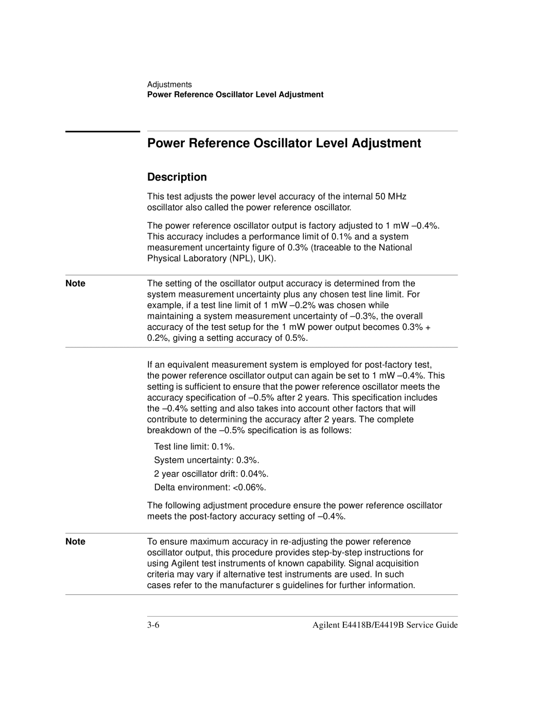 Agilent Technologies e4418b, e4419b manual Power Reference Oscillator Level Adjustment 