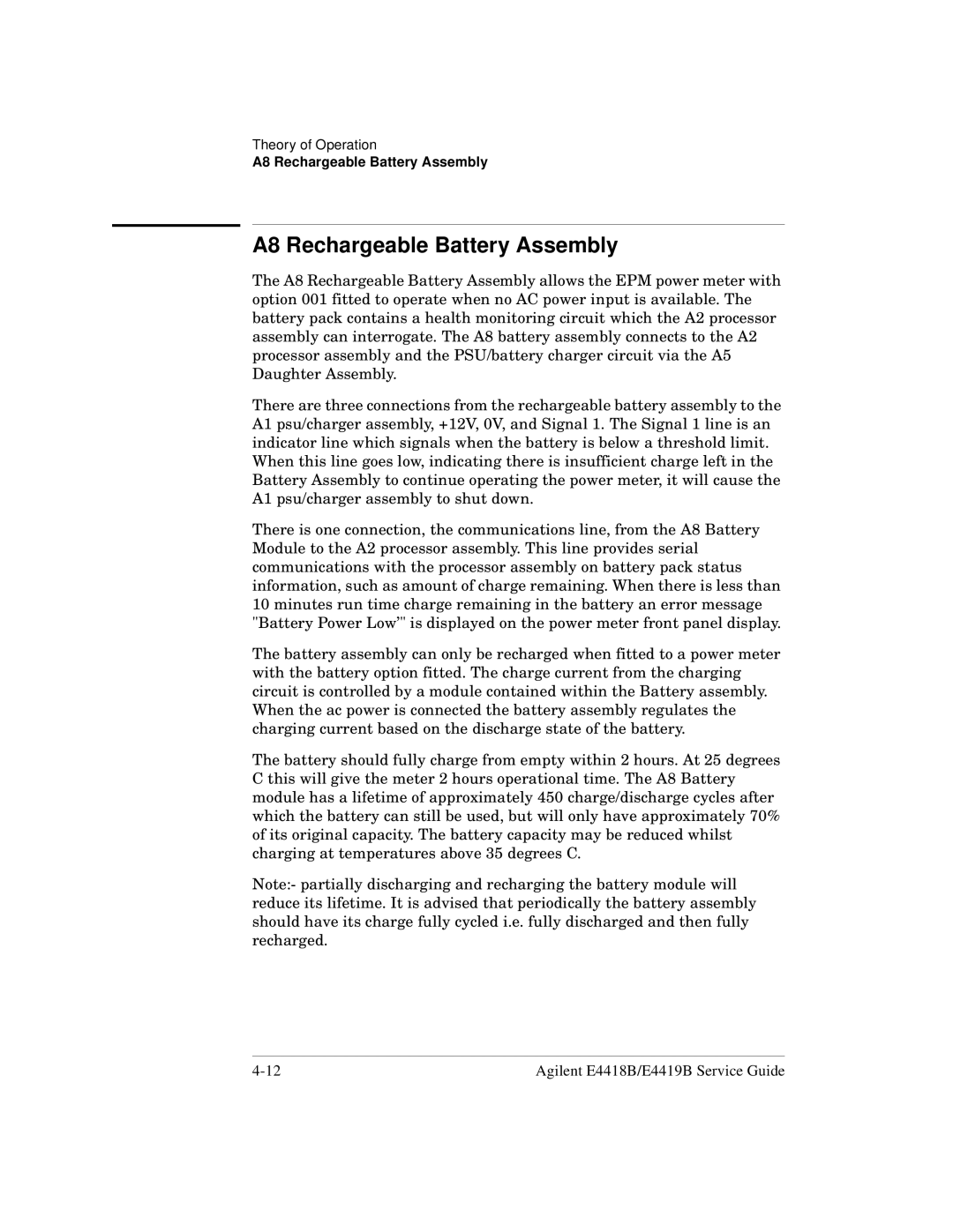 Agilent Technologies e4418b, e4419b manual A8 Rechargeable Battery Assembly 
