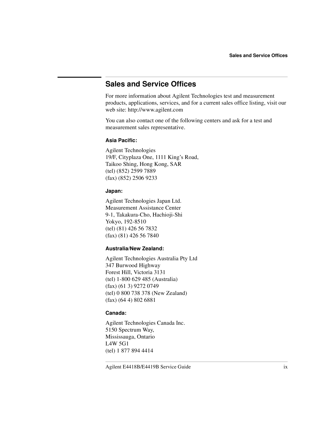 Agilent Technologies e4419b, e4418b manual Sales and Service Offices, Asia Pacific, Japan, Australia/New Zealand, Canada 