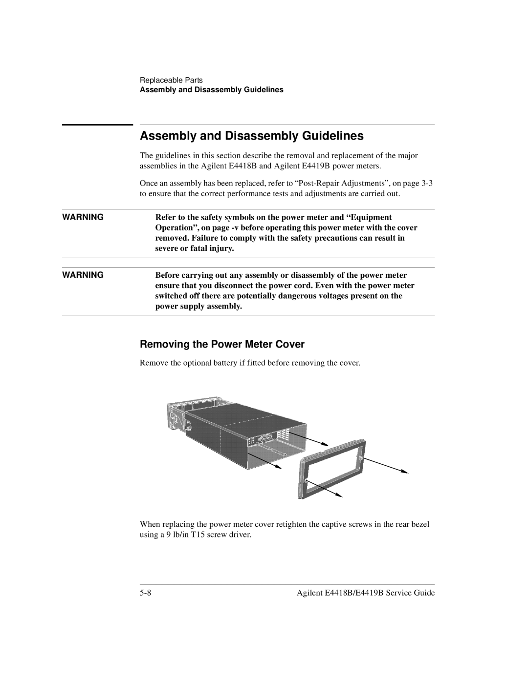 Agilent Technologies e4418b Assembly and Disassembly Guidelines, Removing the Power Meter Cover, Severe or fatal injury 