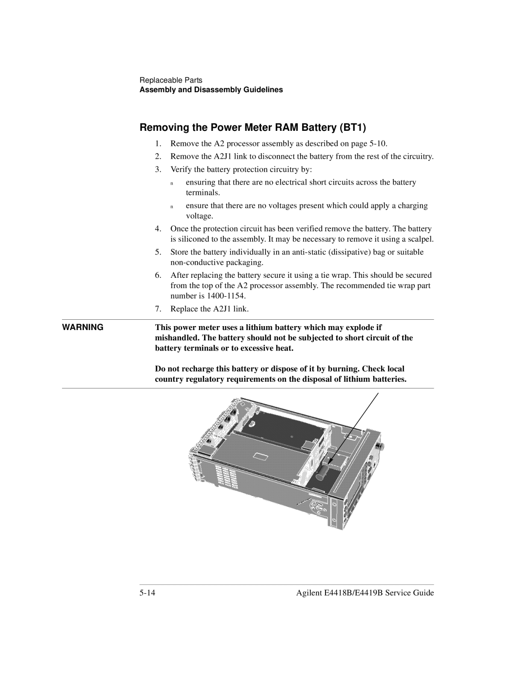 Agilent Technologies e4418b, e4419b manual Removing the Power Meter RAM Battery BT1, Battery terminals or to excessive heat 