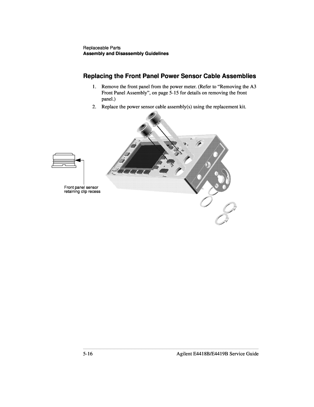 Agilent Technologies e4418b, e4419b manual Replacing the Front Panel Power Sensor Cable Assemblies 