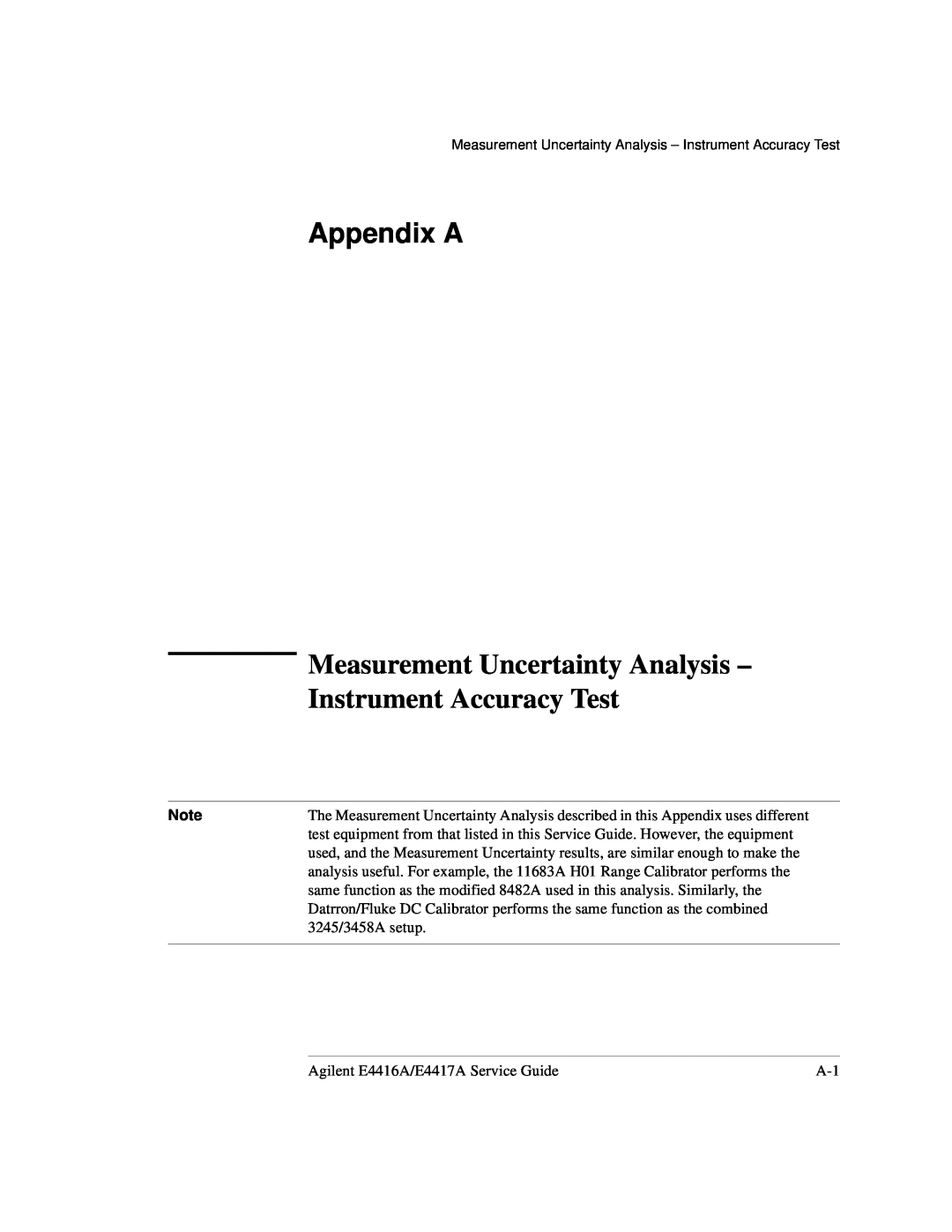 Agilent Technologies e4419b, e4418b manual Appendix A, Measurement Uncertainty Analysis Instrument Accuracy Test 